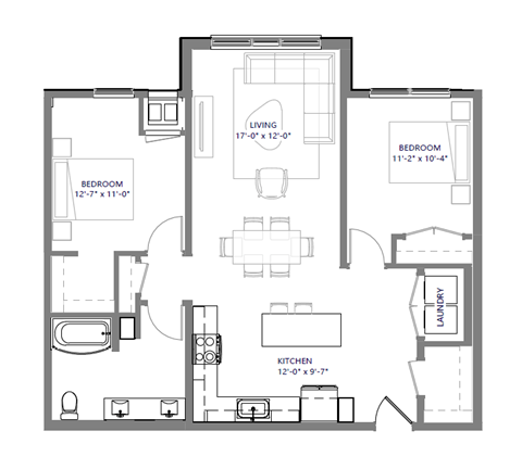 Floor plan for 2 beds, 1 bath, 966 sqft